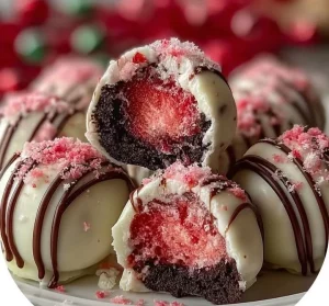 Strawberry shortcake Oreo balls drizzled with chocolate and garnished with strawberries