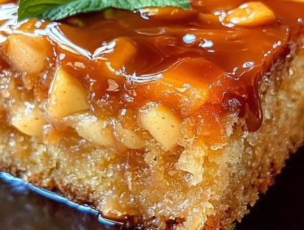 Slice of super moist caramel apple cake topped with caramel sauce