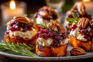 Sweet potato rounds topped with cranberry and cream cheese on a serving platter