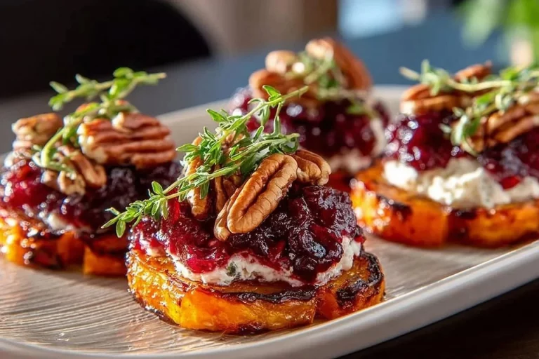 Sweet potato rounds topped with cranberry and cream cheese on a serving platter