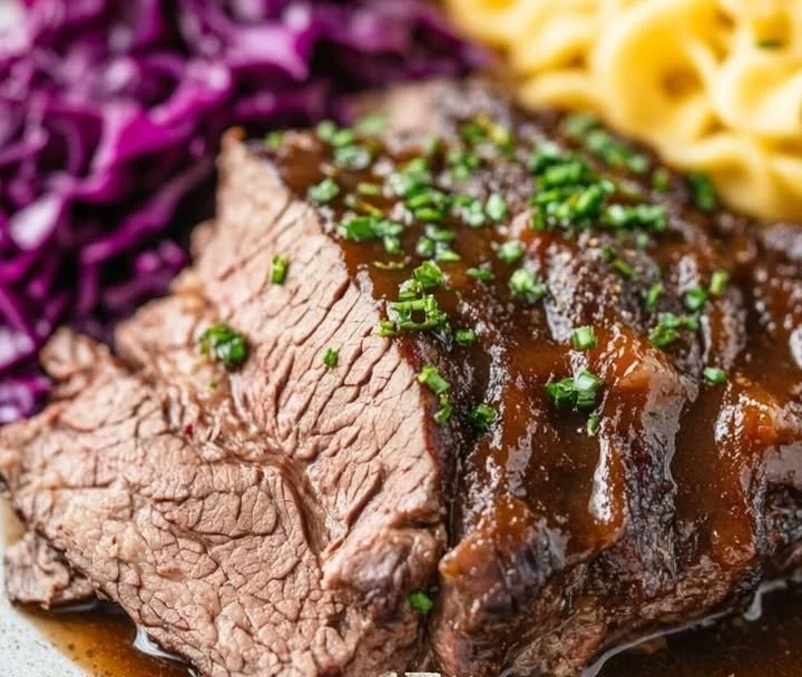 Delicious German Sauerbraten served with traditional sides and rich gravy.