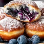 Homemade traditional Polish blueberry buns freshly baked on a wooden table.