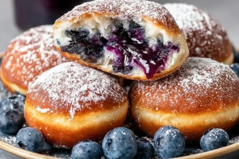 Homemade traditional Polish blueberry buns freshly baked on a wooden table.