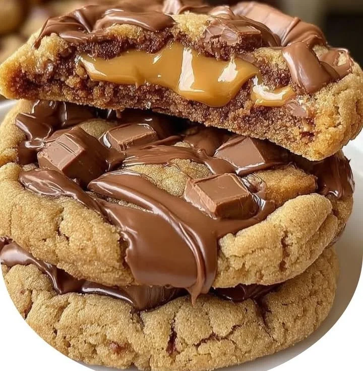 Triple Reese’s Peanut Butter Cookies topped with chocolate and peanut butter