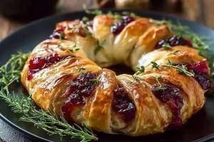 Turkey Cranberry Crescent Ring baked with flaky pastry and festive fillings