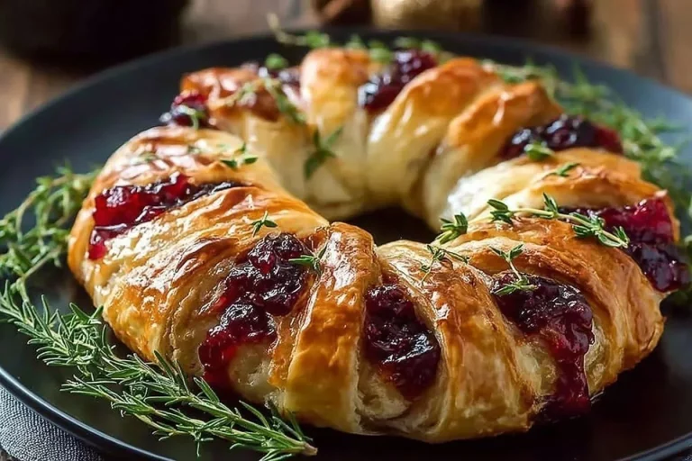 Turkey Cranberry Crescent Ring baked with flaky pastry and festive fillings