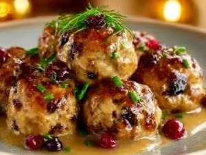 Delicious homemade turkey stuffing balls served on a festive table.