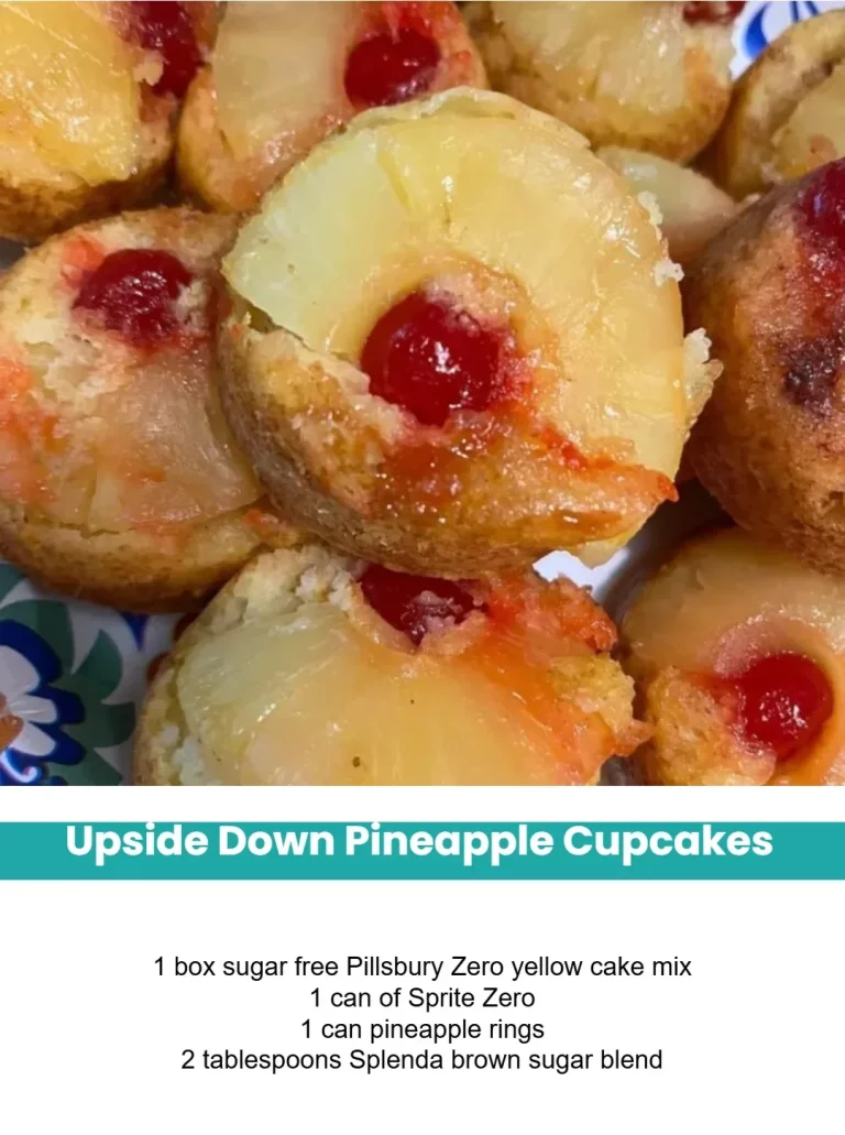 Delicious upside down pineapple cupcakes topped with pineapples and cherries.