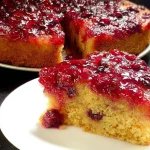 Vegan Cranberry Upside-Down Cake topped with fresh cranberries and a golden glaze.