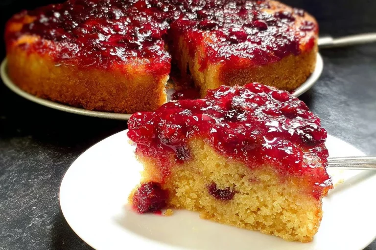 Vegan Cranberry Upside-Down Cake topped with fresh cranberries and a golden glaze.