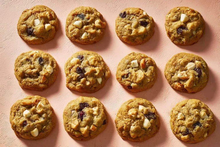 Delicious white chocolate cranberry oatmeal cookies on a rustic wooden table