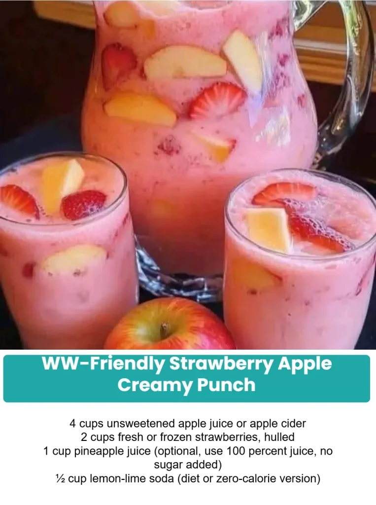 WW-friendly strawberry apple creamy punch in a glass with fresh strawberries and apples