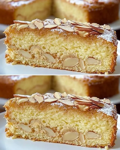 Delicious homemade Almond Cake served on a rustic wooden table