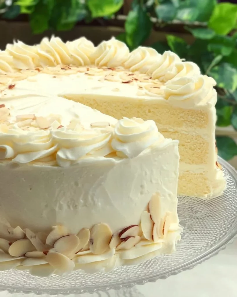 Homemade Almond Cake made from scratch with frosting and almonds on top.
