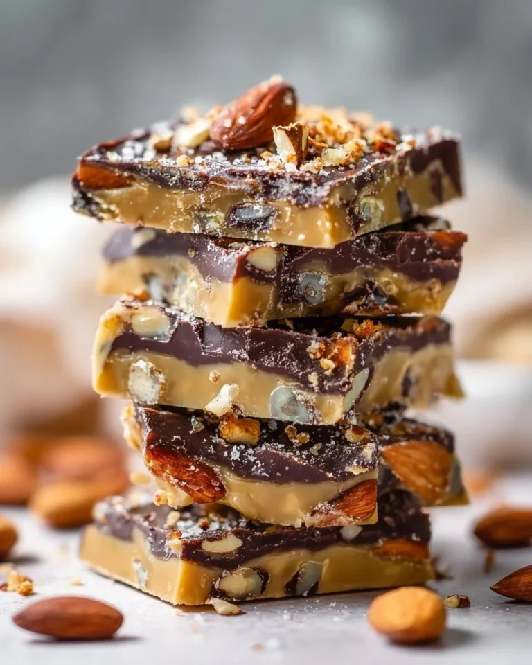 Homemade Almond Roca candies on a decorative plate