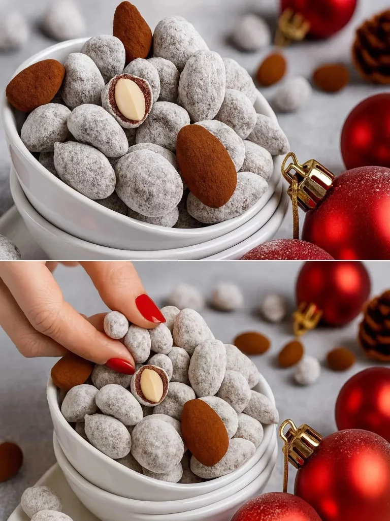 Delicious chocolate-coated almonds ready to be enjoyed as a sweet snack.