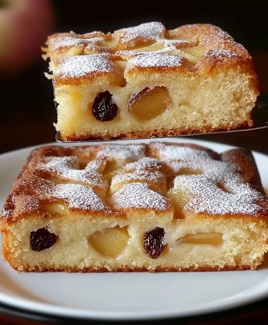 Delicious homemade Apple and Raisin Cake with a golden-brown crust and fresh fruit
