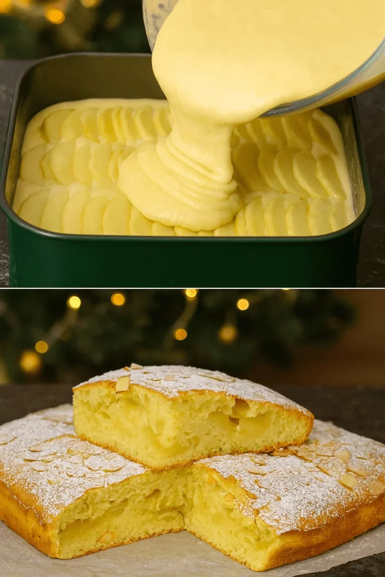 Delicious homemade apple cake topped with cinnamon and sliced apples.