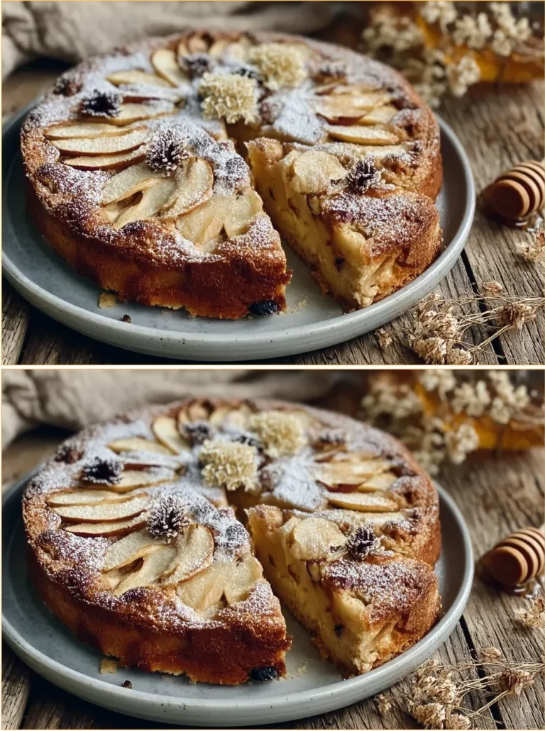Freshly baked apple cake with slices and apple garnishes