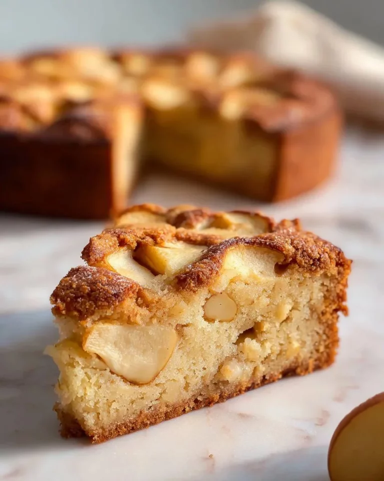 Apple cake made with almond flour topped with fresh apple slices.