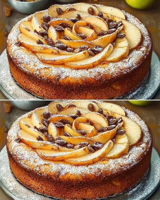 Delicious apple cake topped with creamy frosting on a white plate