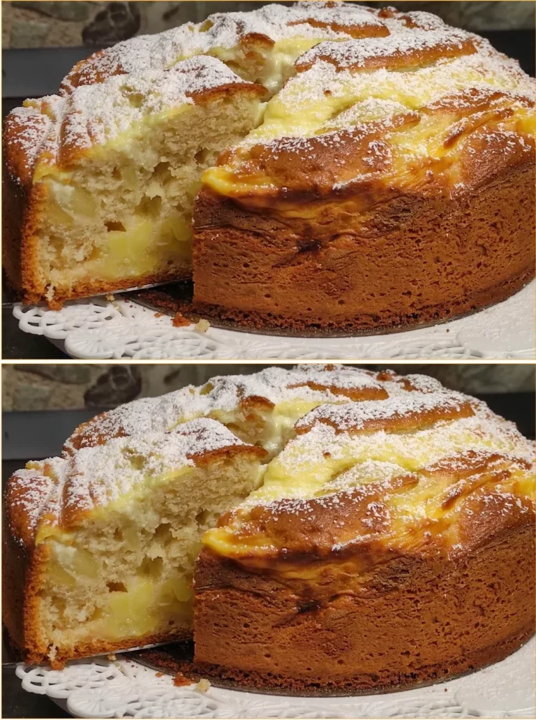 Delicious apple cake topped with creamy pastry cream and apple slices