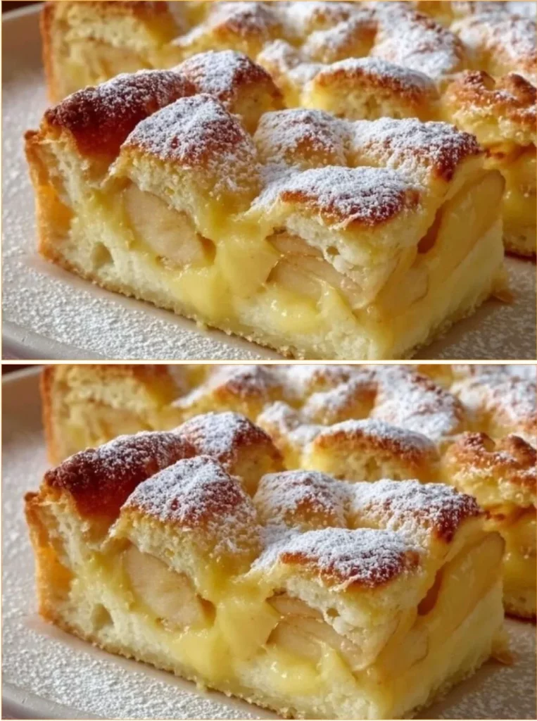 Delicious Apple Cake topped with creamy Vanilla Pudding