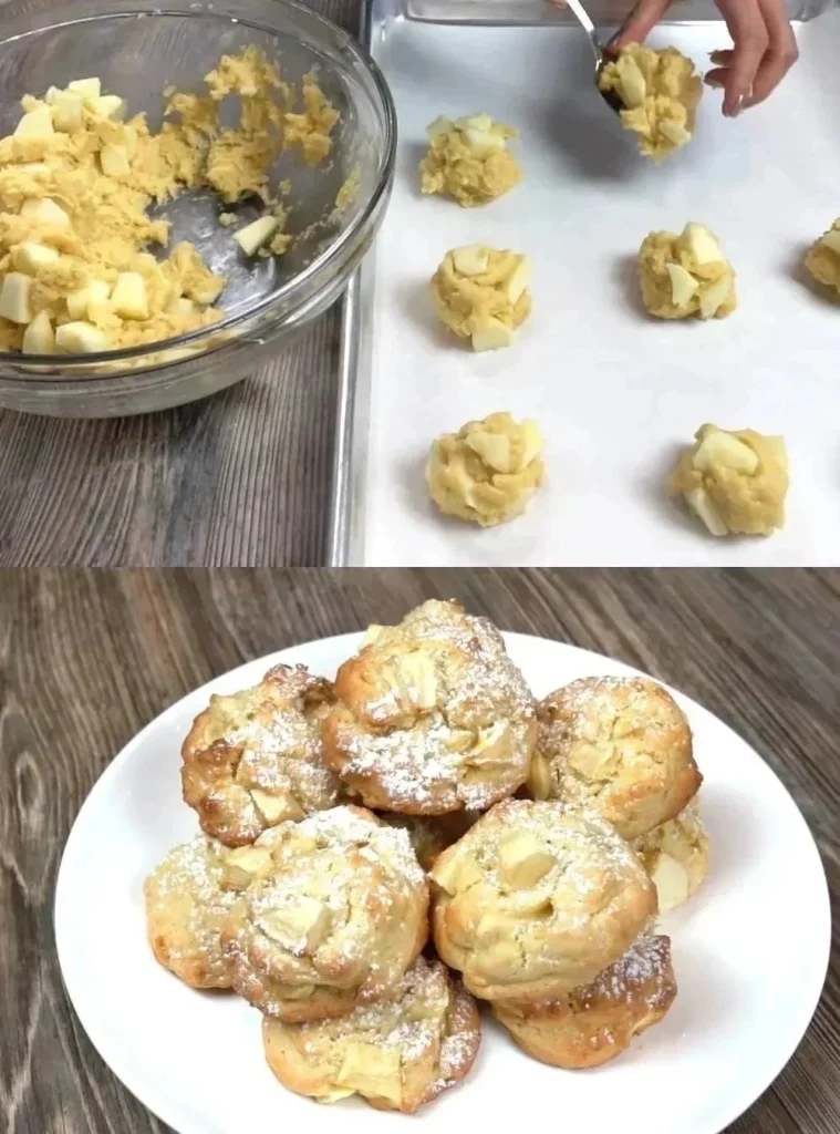 Freshly baked apple cookies with pieces of apple and cinnamon