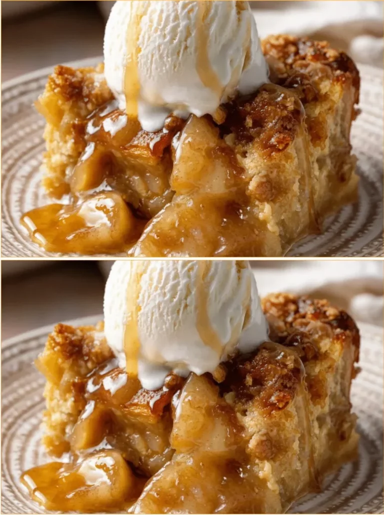 Delicious apple crumble bread pudding served warm with a sprinkle of cinnamon.
