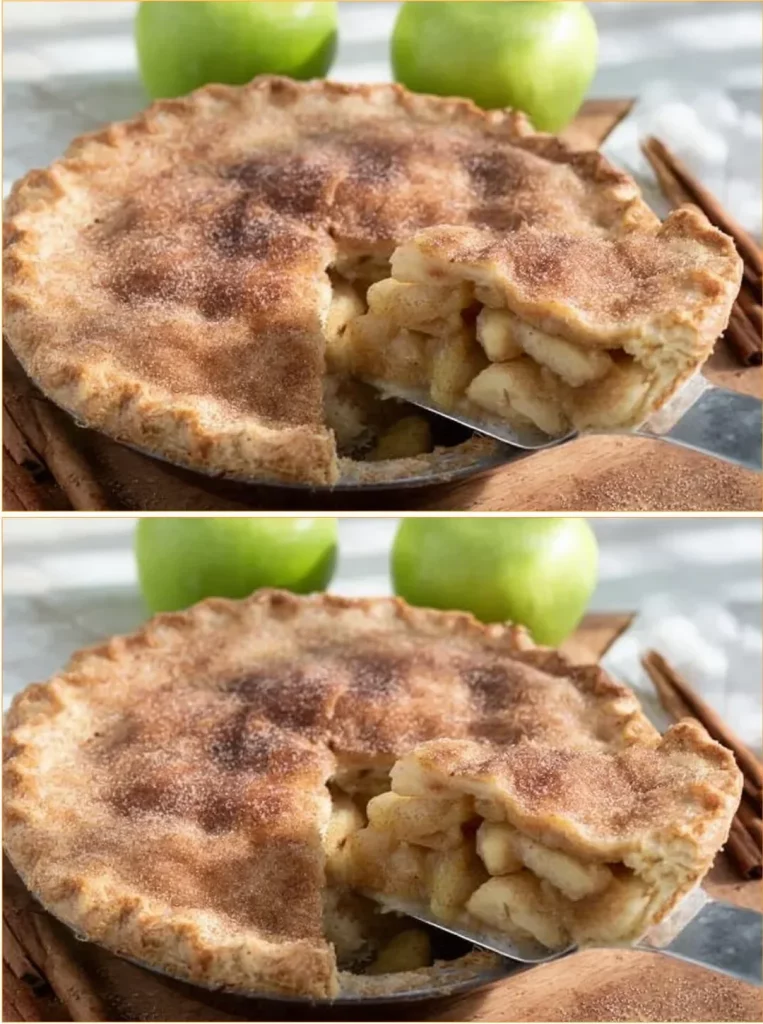 Homemade apple pie with golden crust and sliced apples on a wooden table.