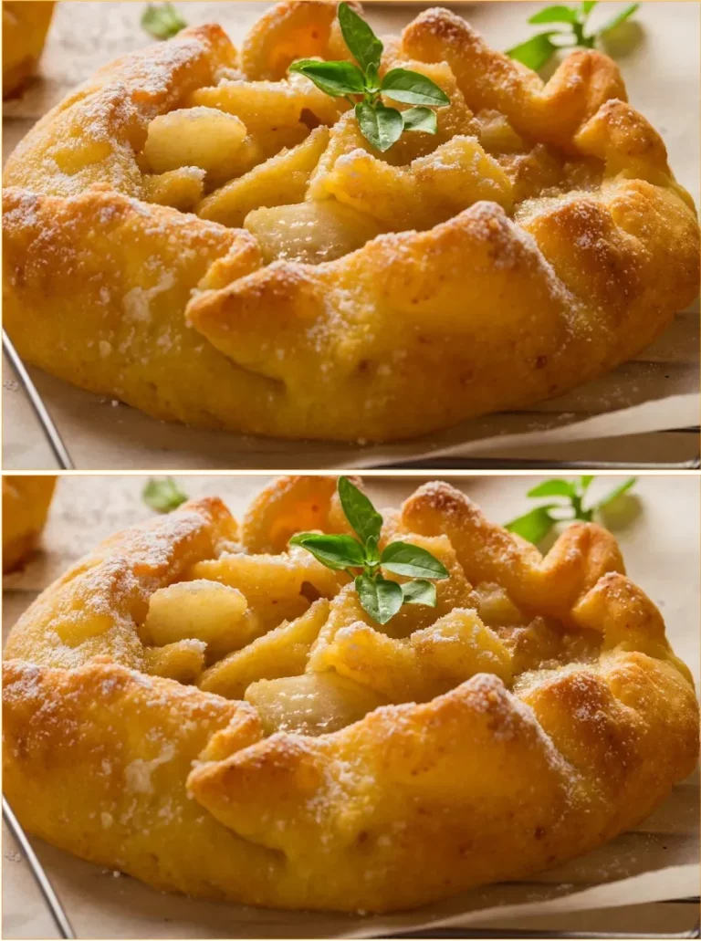 Delicious apple pie served with cream in a flaky puff pastry crust.