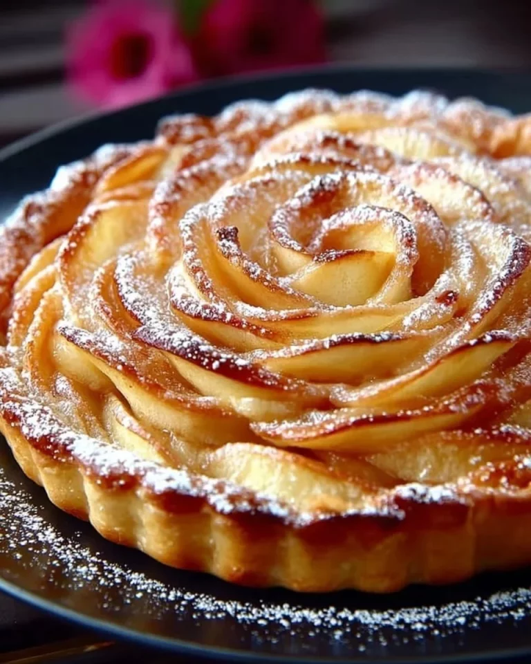 Delicious apple tart with puff pastry and pastry cream on a serving dish.
