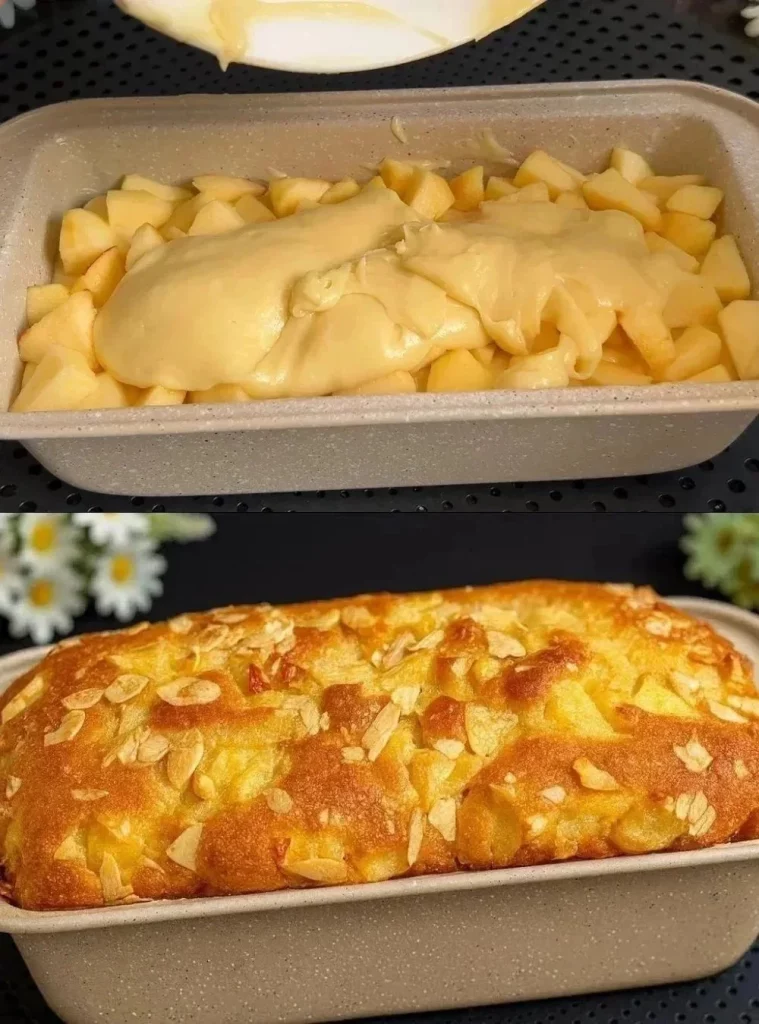 Delicious Apple Yogurt Cake topped with fresh apple slices