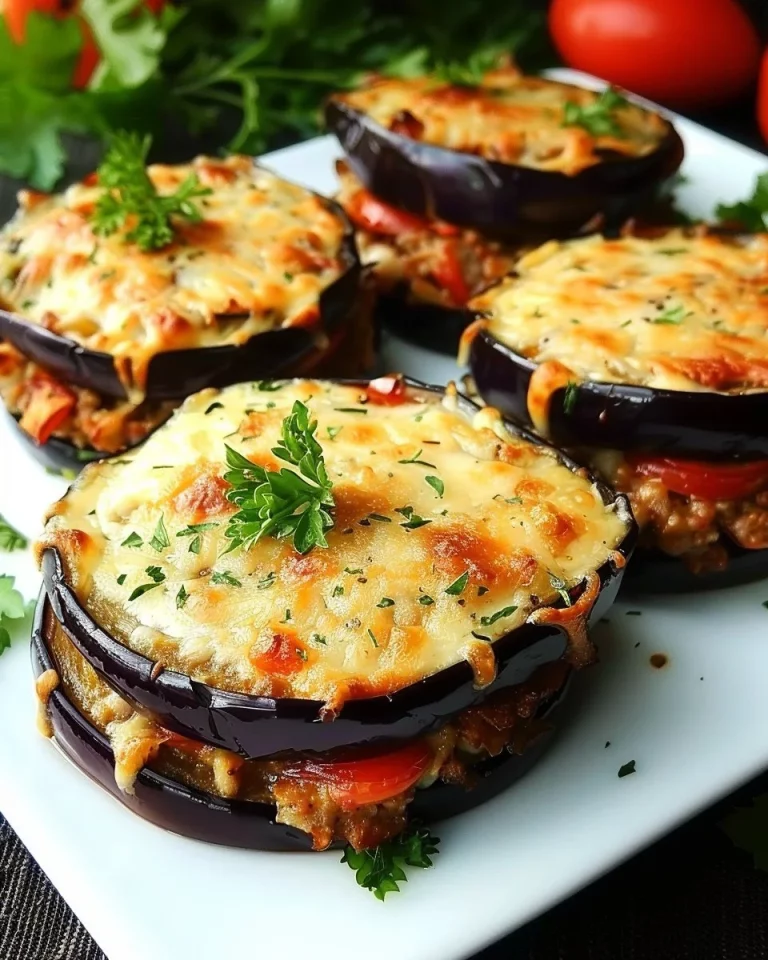 Baked eggplant stuffed with savory meat filling on a white plate