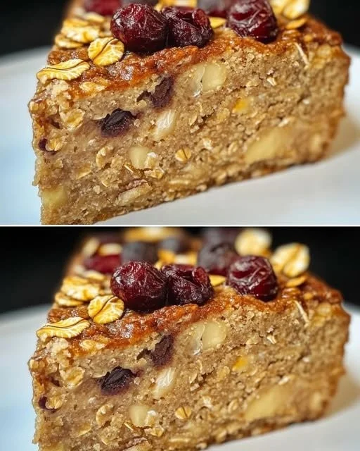 Baked oatmeal with banana and apple in a serving dish, topped with nuts and berries.