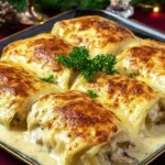 Baked pancakes served with chicken and mushrooms in a savory dish