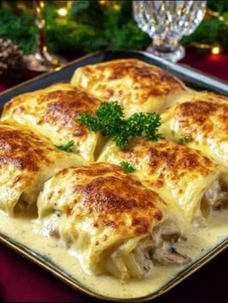 Baked pancakes served with chicken and mushrooms in a savory dish