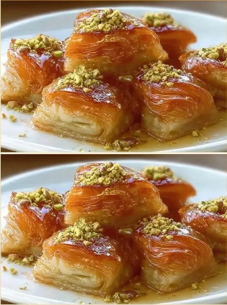 Delicious baklava with nuts and honey drizzled on flaky pastry layers