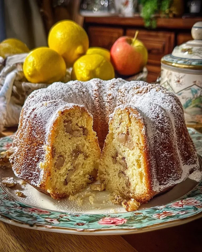 Delicious Apple Walnut Bundt Cake topped with a sprinkle of nuts