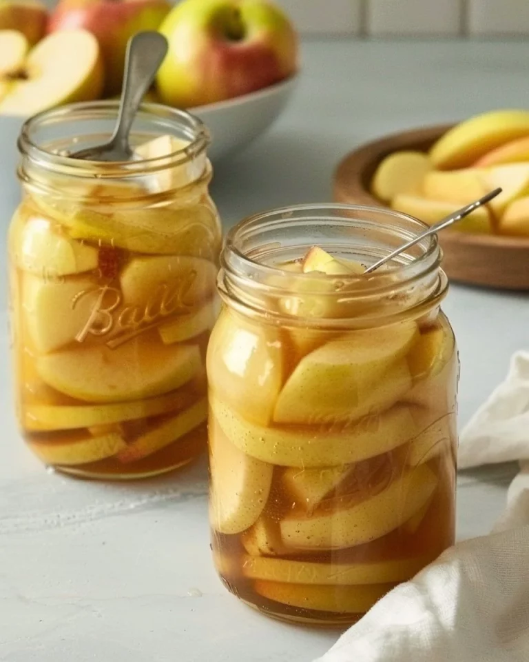 A jar of homemade canned apple pie filling ready for baking delicious desserts.