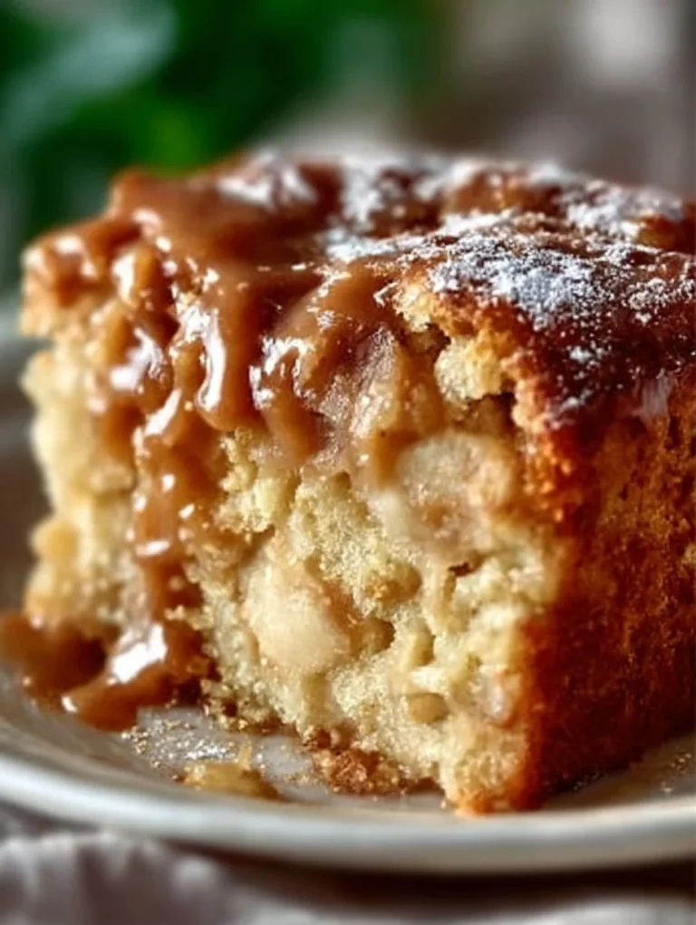 Slice of homemade Caramel Apple Cake with caramel drizzle on top