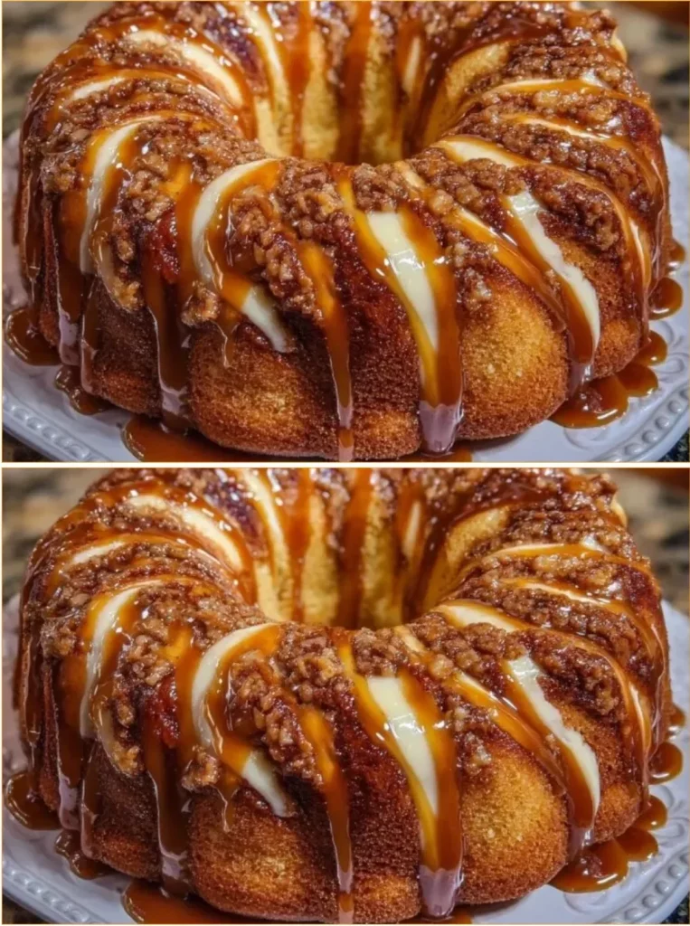 Caramel Cream Cheese Cinnamon Roll Pound Cake topped with creamy caramel drizzle