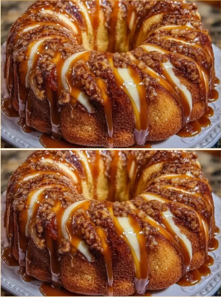 Caramel Cream Cheese Cinnamon Roll Pound Cake topped with creamy caramel drizzle