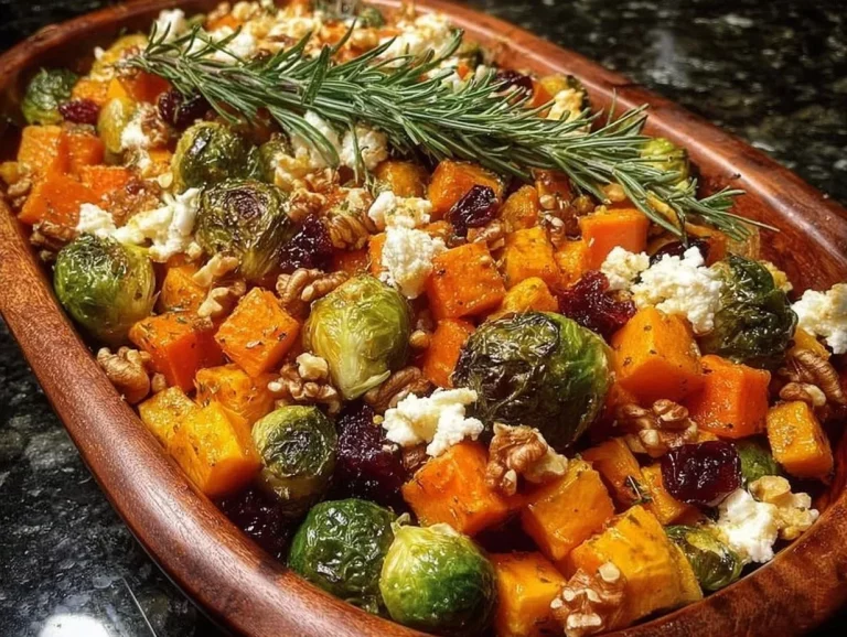 A colorful plate of caramelized butternut squash, carrots, Brussels sprouts, and sweet potato.