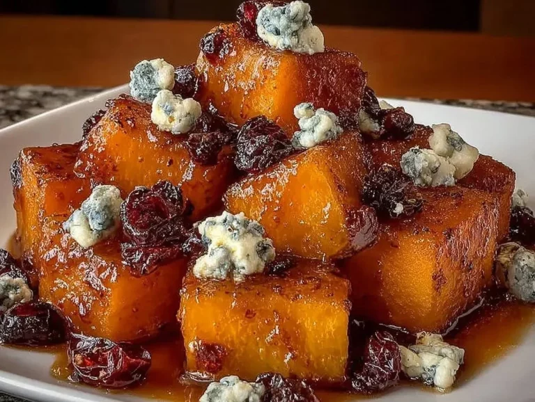 Caramelized butternut squash with Gorgonzola and cranberry-balsamic glaze on a plate