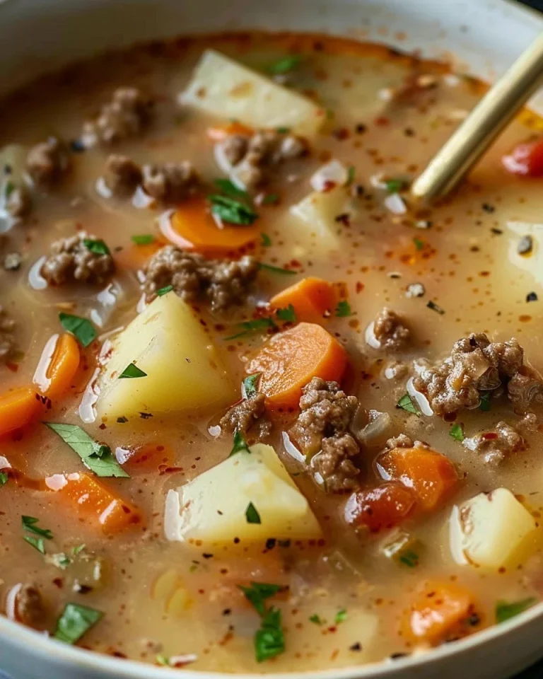 Cheesy beef and potato soup in a bowl, garnished with herbs.