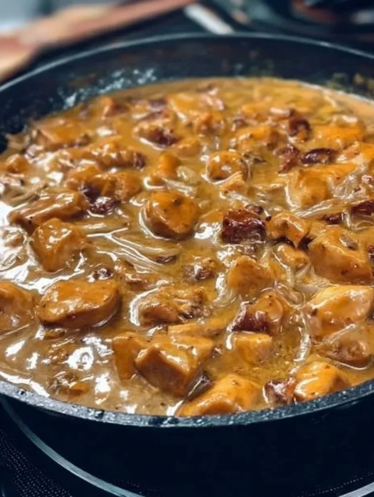 Chicken breasts cooked with mushrooms and onions for a delicious meal.