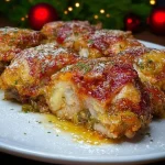Baked chicken thighs with colorful vegetables and melted cheese dish