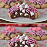 Chocolate Valentine's cookies with colorful sprinkles and Hershey Hugs