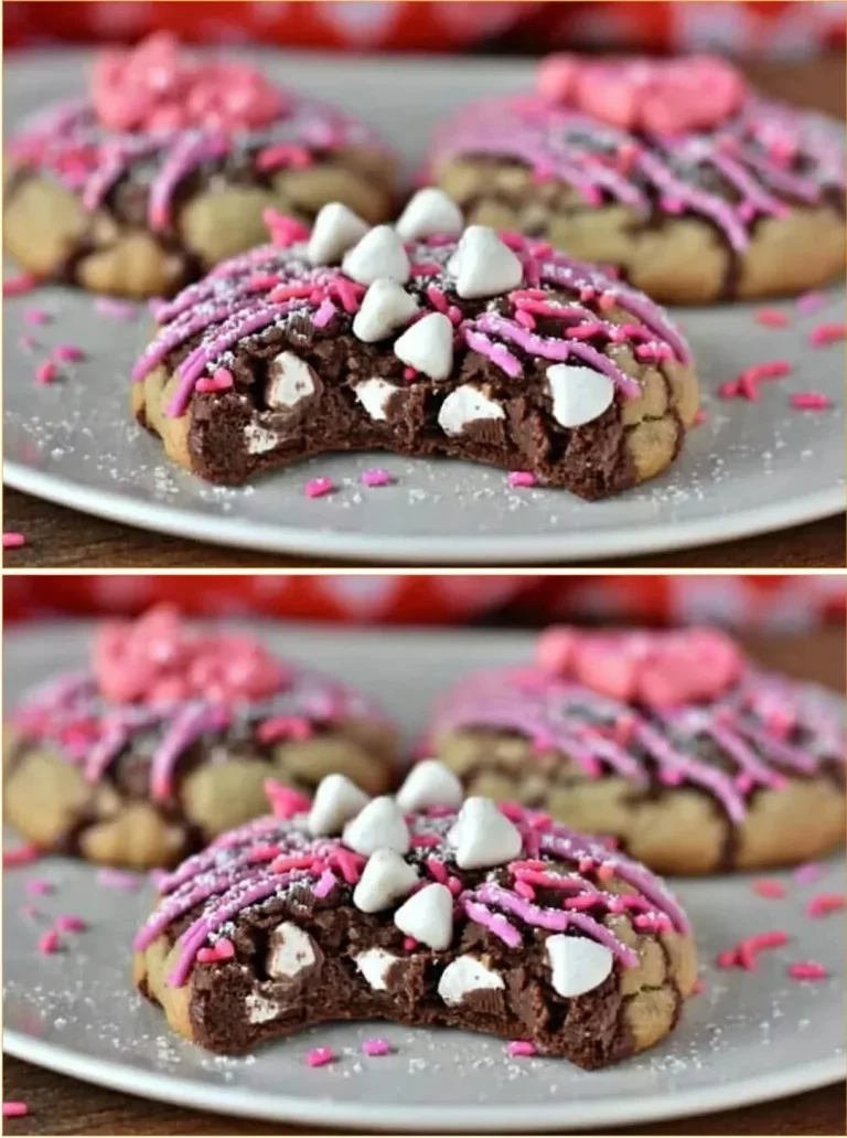 Chocolate Valentine's cookies with colorful sprinkles and Hershey Hugs